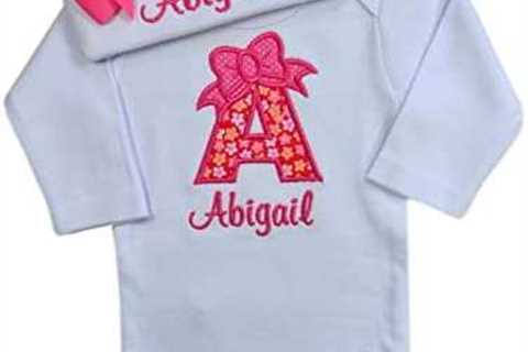 Baby Girl Embroidered INITIAL Bodysuit and MATCHING Grosgrain Bow Hat Personalized with Your Custom ..